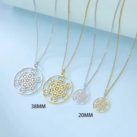 Collier Pendentif Cube de Métatron en Acier Inoxydable Géométrie Sacrée Ajouré Cercle Bijoux Spirituels pour Hommes Femmes
