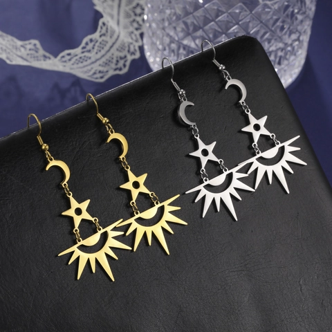 Bohemian Stainless Steel Star Moon Sun Drop Earrings For Women Gold Silver Celestial Astrology Dangle Earrings Jewelry Gift
