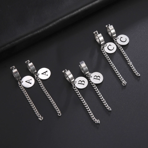 Stainless Steel Initial Letter Hoop Earrings For Women Long Chain Tassel Dangle Earrings 26 Alphabet Pendant Jewelry Gift