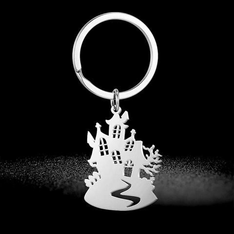 Stainless Steel Halloween Haunted House Keychain Goth Hollowed Castle Silhouette Witch House Keyring Party Gift For Women
