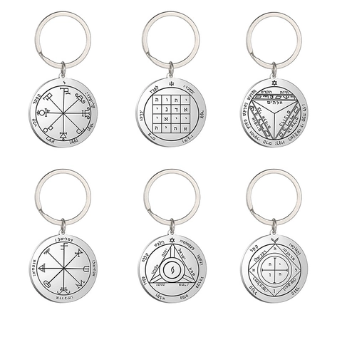 Mystiek Zegel van Salomo Saturnus Roestvrij Stalen Sleutelhanger Hebreeuwse Tekens Pentakel Amulet Bescherming Hanger Sleutelhanger Voor Mannen Vrouwen