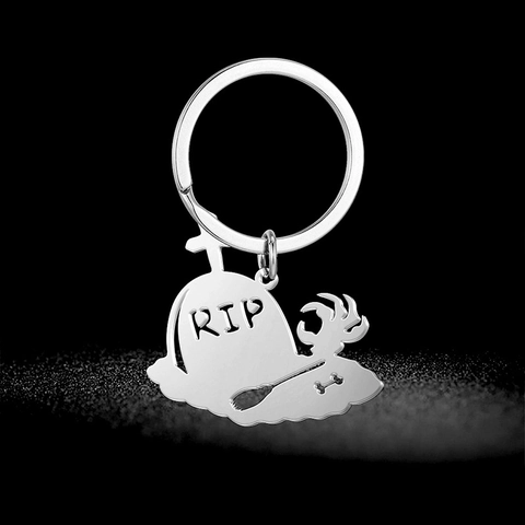 Porte-Clés Gothique Halloween Pierre Tombale RIP Main de Squelette Pelle Acier Inoxydable Porte-Clés Cadeau Homme Femme