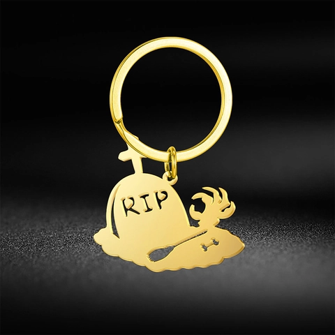 Porte-Clés Gothique Halloween Pierre Tombale RIP Main de Squelette Pelle Acier Inoxydable Porte-Clés Cadeau Homme Femme