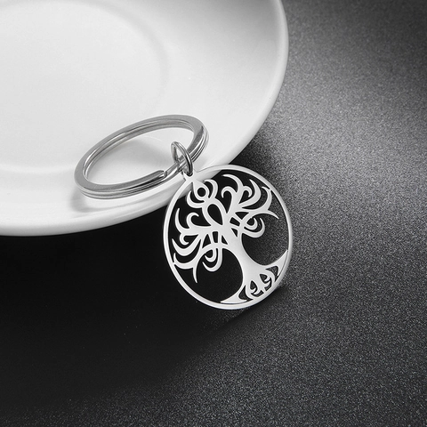 Porte-Clés Arbre De Vie En Acier Inoxydable Pendentif Rond Ajouré Pour Clés Voiture Maison Minimaliste Cadeau En Métal Argenté