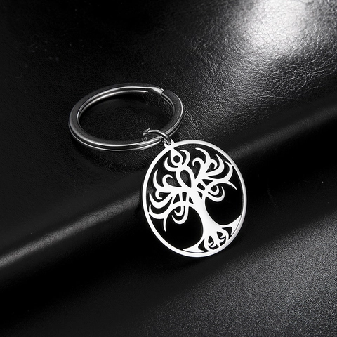 Porte-Clés Arbre De Vie En Acier Inoxydable Pendentif Rond Ajouré Pour Clés Voiture Maison Minimaliste Cadeau En Métal Argenté