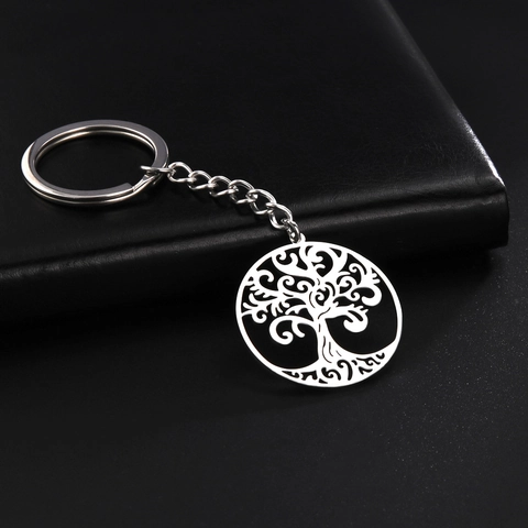 Porte-clés Arbre de Vie en Acier Inoxydable Pendentif Rond Ajouré Style Naturel Anneau en Métal Argenté pour Femmes Hommes