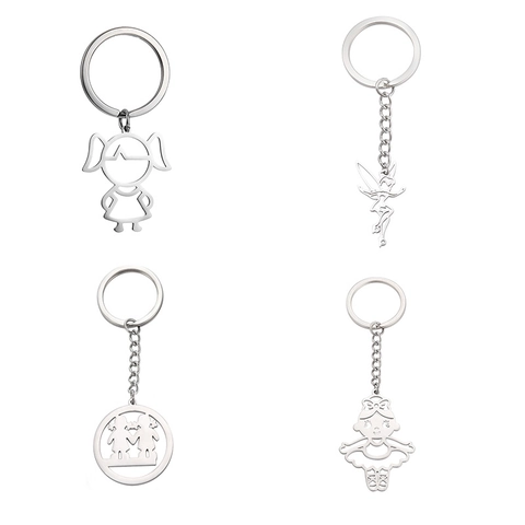 Porte-clés en Acier Inoxydable Pendentif Fille Ballet Ange Évidé Anneau en Métal Accessoire de Mode Cadeau pour Femmes Filles
