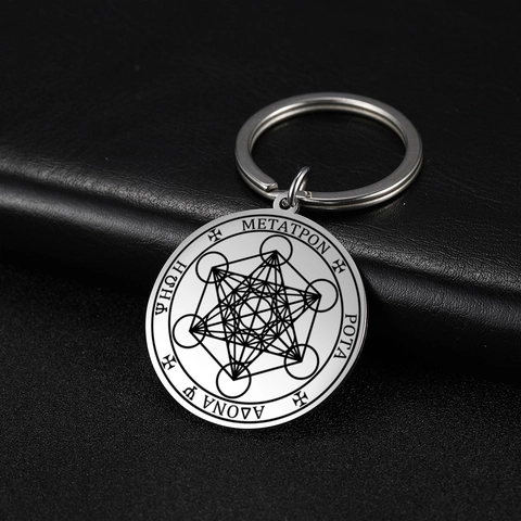 Porte-clés Cube de Métatron Géométrie Sacrée Pendentif Rond en Acier Inoxydable Symbole Mystique Gravé au Laser