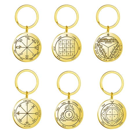 18K Gold Plated Stainless Steel Solomon Saturn Seal Round Keychain Hebrew Pendant Mysticism Amulet Protection Key Ring