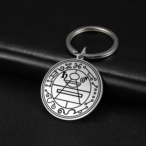 Porte-clés en Acier Inoxydable Sceau de Salomon Amulette Symboles Astrologiques Pendentif Rond Géométrique Bijou Mystérieux