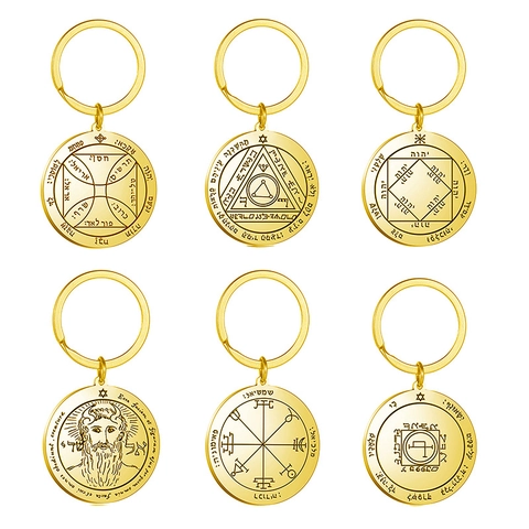 Tarot Zegel van Salomo Zon Roestvrij Staal Sleutelhanger Mystiek Verguld Kabbala Talisman Amulet Hanger Voor Mannen Vrouwen Sieraden