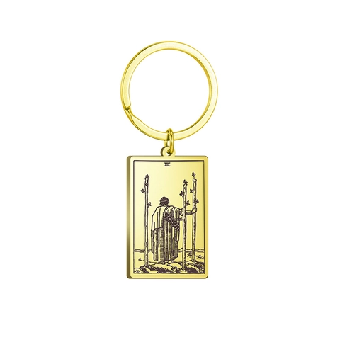 Vintage Stainless Steel Tarot Card Keychain Gold Metal Rectangle Pendant Keyring Mystical Wands Card Design Jewelry For Women Men Gift