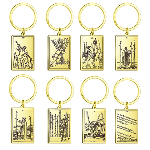 Vintage Stainless Steel Tarot Card Keychain Gold Metal Rectangle Pendant Keyring Mystical Wands Card Design Jewelry For Women Men Gift