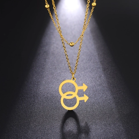 Titanium Steel Double Layer Necklace With Intertwined Double Male Symbol Pendant LGBTQ Pride Bead Chain Jewelry For Men Women