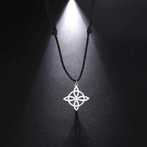 Vintage Edelstahl Hexenknoten Anhänger Halskette Keltischer Knoten Geometrisch Wicca Schmuck Verstellbare Wachskordel