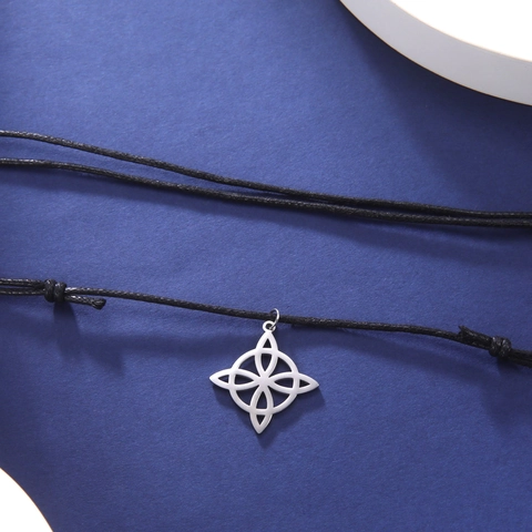 Vintage Edelstahl Hexenknoten Anhänger Halskette Keltischer Knoten Geometrisch Wicca Schmuck Verstellbare Wachskordel