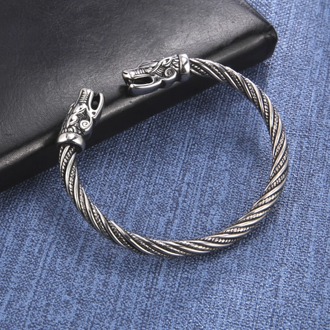 Vintage Wikinger Edelstahl Doppel Wolfskopf Offener Armreif Für Herren Gedrehtes Seil Design Armband Antik Schmuck Geschenk