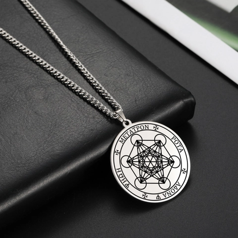 Collier Pendentif Médaillon Rond Cube de Métatron Géométrie Sacrée Acier Inoxydable Bijoux Religieux Mystiques pour Hommes