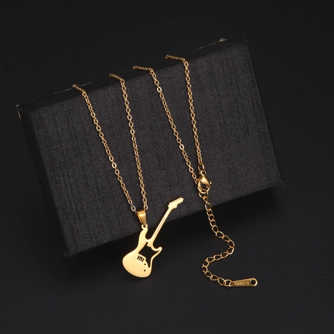 Stainless Steel Electric Guitar Pendant Necklace For Women Men Punk Rock Music Instrument Charm Hollow Design Jewelry Gift