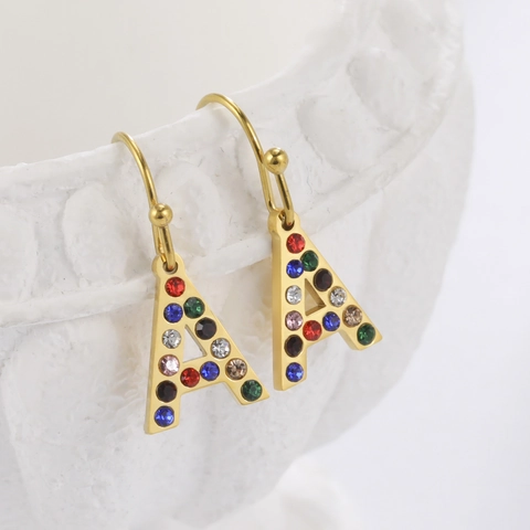 Hip Hop Street Style Stainless Steel Alphabet Ear Hook Earrings For Women Multicolor Rhinestone Letter Pendant Jewelry Gift