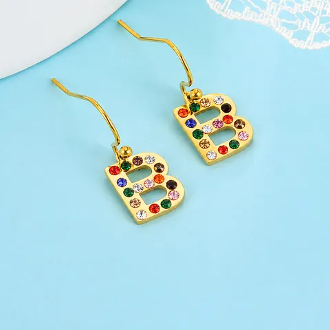 Hip Hop Street Style Stainless Steel Alphabet Ear Hook Earrings For Women Multicolor Rhinestone Letter Pendant Jewelry Gift