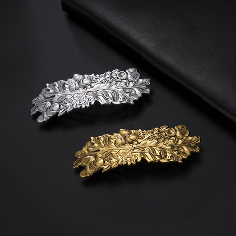 Vintage Legering Eikenblad En Eikel Veer Haarclip Voor Dames Retro Metalen Botanische Textuur Haaraccessoire Goud Zilver