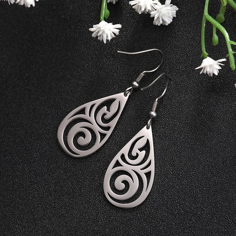 Stainless Steel Hollow Water Drop Earrings For Women Vintage Spiral Pattern Dangle Earrings Gold Silver Black Jewelry Gift