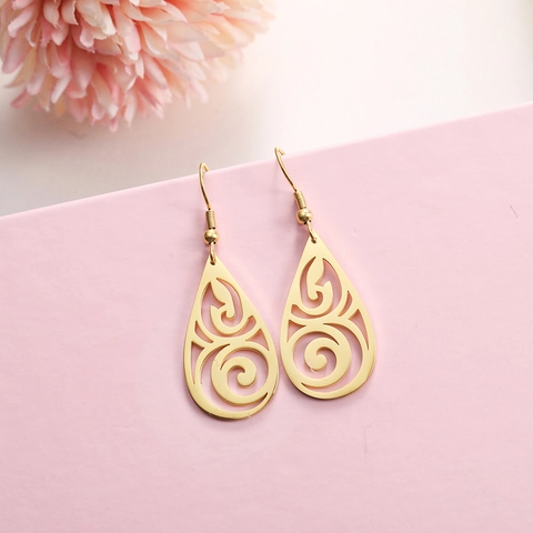 Stainless Steel Hollow Water Drop Earrings For Women Vintage Spiral Pattern Dangle Earrings Gold Silver Black Jewelry Gift
