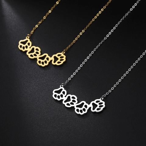Stainless Steel Linked Paw Print Pendant Necklace For Women Men Cute Hollow Out Animal Footprint Jewelry 18K Gold Plated