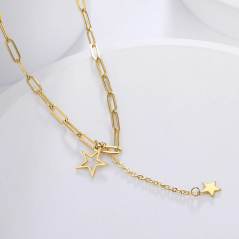 Stainless Steel Double Star Pendant Necklace For Women Gold Silver Paperclip Chain Fashion Star Charm Y-Shape Jewelry Gift