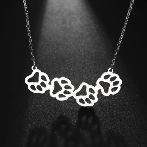 Stainless Steel Linked Paw Print Pendant Necklace For Women Men Cute Hollow Out Animal Footprint Jewelry 18K Gold Plated