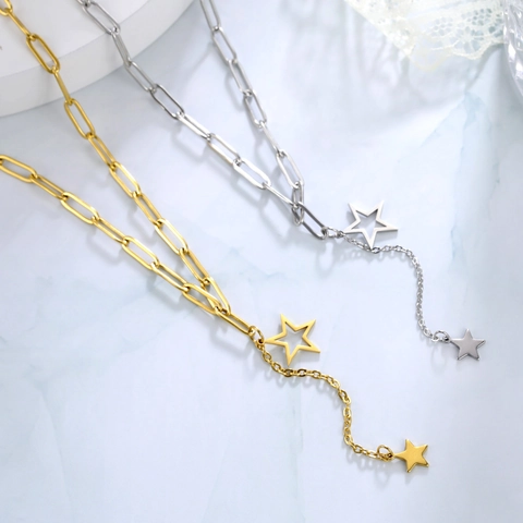 Stainless Steel Double Star Pendant Necklace For Women Gold Silver Paperclip Chain Fashion Star Charm Y-Shape Jewelry Gift