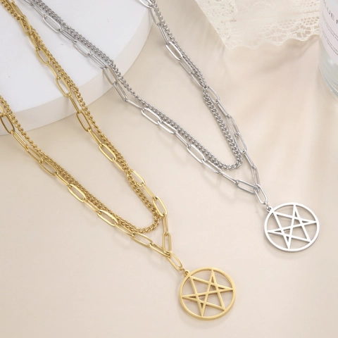Doppelschichtige Edelstahl Halskette Für Damen Gold Silber Vergoldet Büroklammerkette Hohl Stern Anhänger Geometrisch Mode