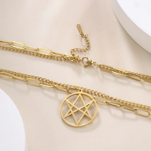 Doppelschichtige Edelstahl Halskette Für Damen Gold Silber Vergoldet Büroklammerkette Hohl Stern Anhänger Geometrisch Mode