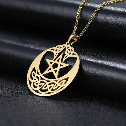 Vintage Edelstahl Keltischer Knoten Pentagramm Mond Halskette Hohl Halbmond Anhänger Mode Heidnischen Schmuck Geschenk Unisex