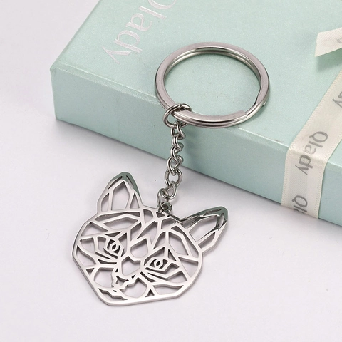 Geometric Hollow Cat Head Stainless Steel Keychain Minimalist Animal Silhouette Key Ring For Men Women Bag Charm Pendant