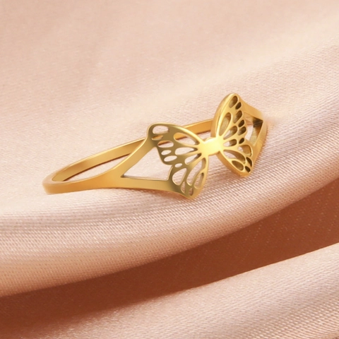 Anillo de Mariposa Calado de Acero Inoxidable de Moda para Mujer Minimalista Elegante Motivo de Animal Joyería de Dedo