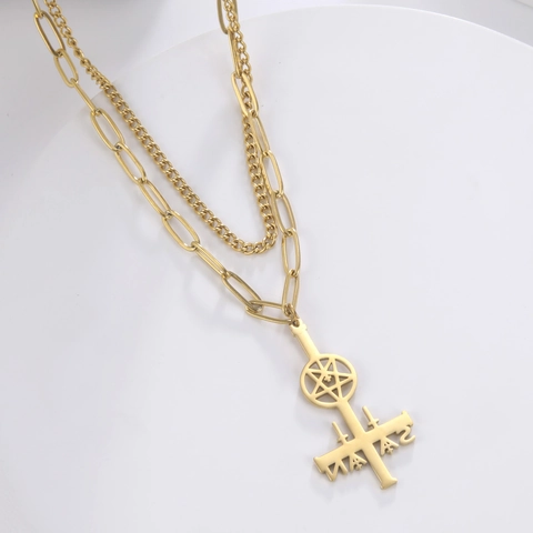 Gothic Stainless Steel Double Layer Necklace For Women Men Satan Letter Inverted Cross Pentagram Pendant Punk Jewelry
