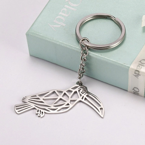 Porte-Clés Minimaliste Géométrique Ajouré Toucan en Acier Inoxydable pour Femmes Hommes Pendentif Oiseau Animal Anneau de Clé Bijoux de Mode Cadeau