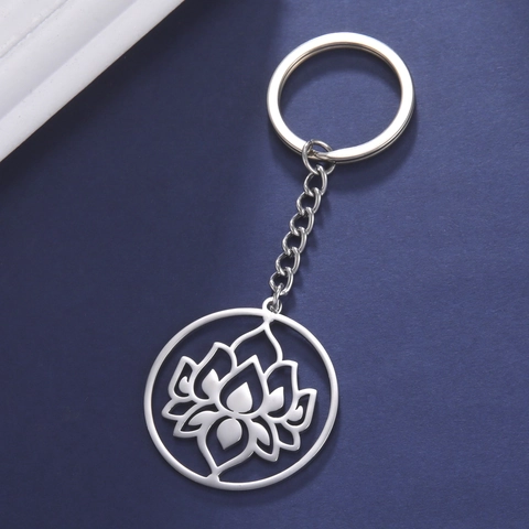 Porte-clés Minimaliste en Acier Inoxydable Motif Lotus Pendentif Rond Ajouré Pour Hommes Femmes Bijou de Sac Cadeau