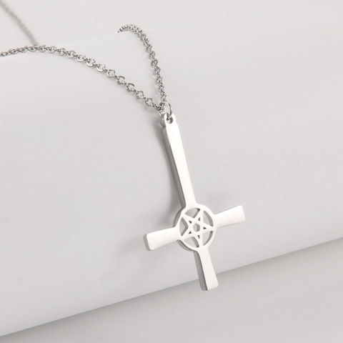 Gothic Stainless Steel Inverted Cross Pentagram Pendant Necklace For Women Men Punk Street Style Vintage Jewelry Gift
