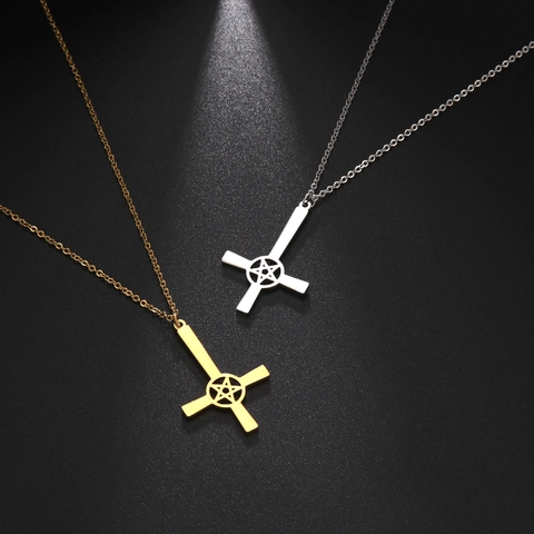Gothic Stainless Steel Inverted Cross Pentagram Pendant Necklace For Women Men Punk Street Style Vintage Jewelry Gift