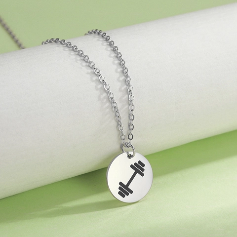 Minimalist Stainless Steel Dumbbell Pattern Round Pendant Necklace For Men Fitness Sports Barbell Medallion Jewelry Gift