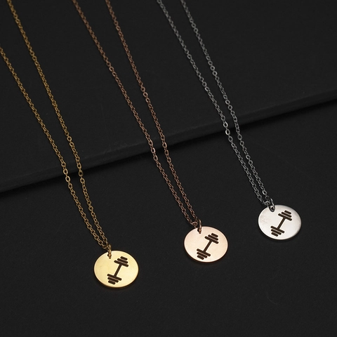 Minimalist Stainless Steel Dumbbell Pattern Round Pendant Necklace For Men Fitness Sports Barbell Medallion Jewelry Gift