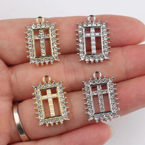 Alloy Rechthoek Kruis Hanger Met Strass Kunstparel Alleen Hanger Zonder Ketting Voor DIY Ketting Armband Maken Accessoire