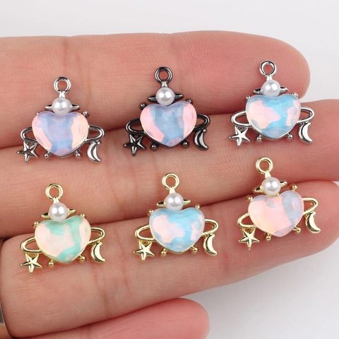 Heart Planet Alloy Pendant With Artificial Pearl Resin Inlaid Starry Sky Theme Jewelry For DIY Necklace Bracelet Accessory