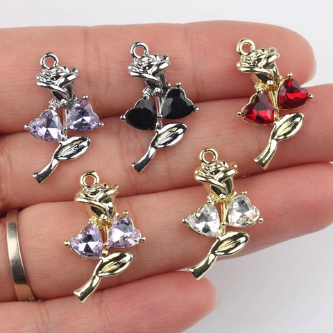 Einfache Legierung Rose Blume Anhänger Herzform Strass Eingelegt DIY Zubehör Für Halskette Armband Ohrringe Schmuckherstellung Zubehör