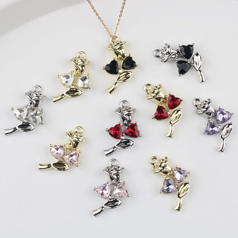 Einfache Legierung Rose Blume Anhänger Herzform Strass Eingelegt DIY Zubehör Für Halskette Armband Ohrringe Schmuckherstellung Zubehör