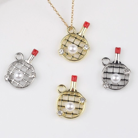 Alloy Tennis Table Racket Pendant With Simulated Artificial Pearl Zircon Rhinestone Enamel DIY Jewelry Accessory Gold Silver