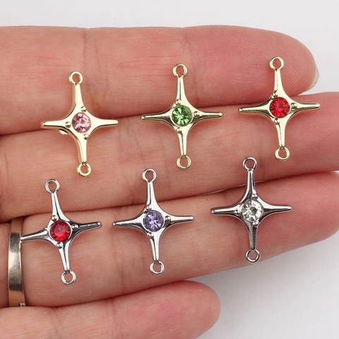 Alloy Rhinestone Four Pointed Star Double Loop Jewelry Connectors Gold Silver Star Charms For Necklace Bracelet Making DIY Jewelry Accessories